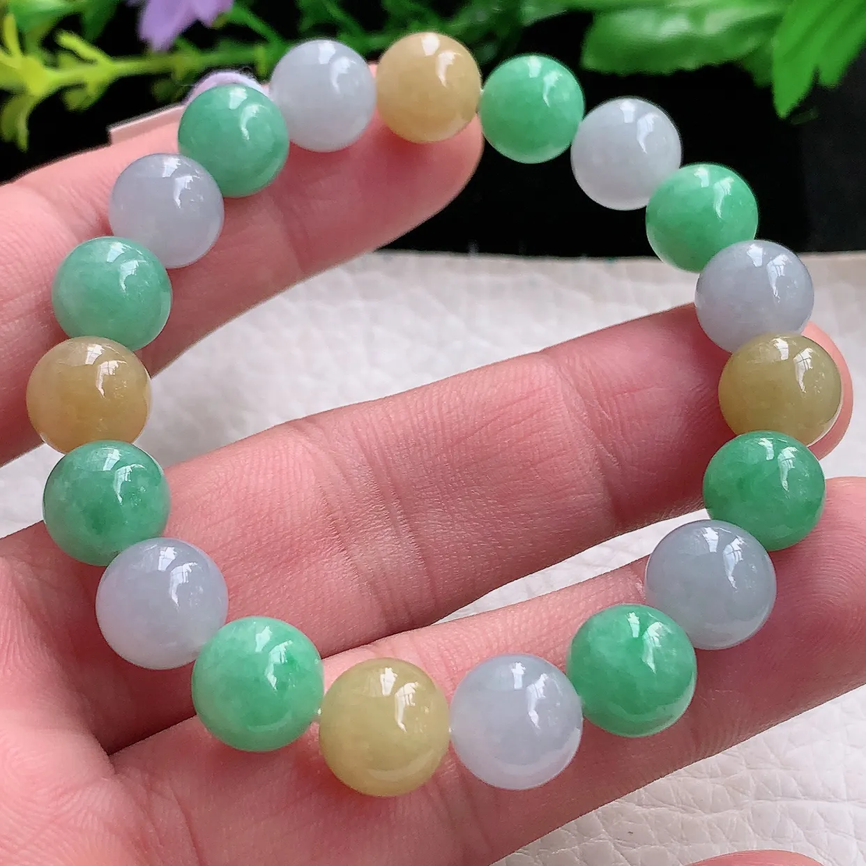 ss自然光9.7mm天然缅甸翡翠冰三彩9.7mm圆珠玉手链 玉手串