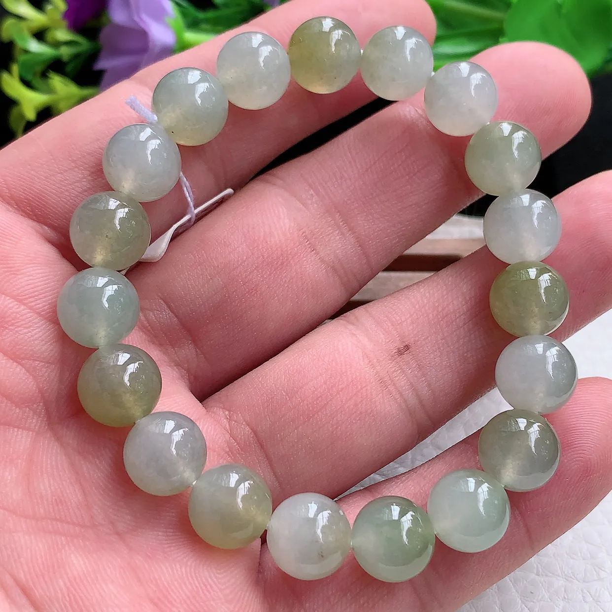 ss自然光9.8mm天然缅甸翡翠冰双彩9.8mm圆珠玉手链 玉手串