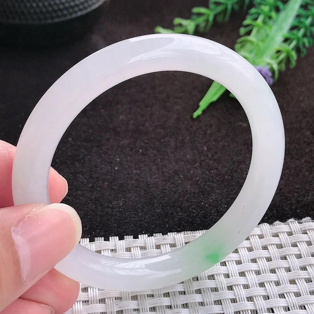 自然光51.5/8.5/8老坑冰胶果冻飘绿圆条手镯翡翠玉镯手环