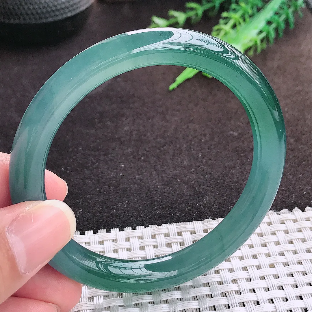 自然光57/9老坑冰透果冻胶满色蓝韵圆条手镯翡翠玉镯手环