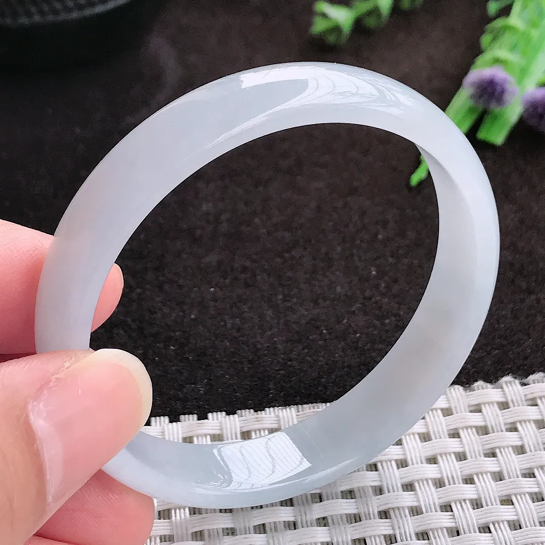 自然光51/11.3/4.8老坑秀气冰润白月光小圈口手镯宽边翡翠玉镯手环