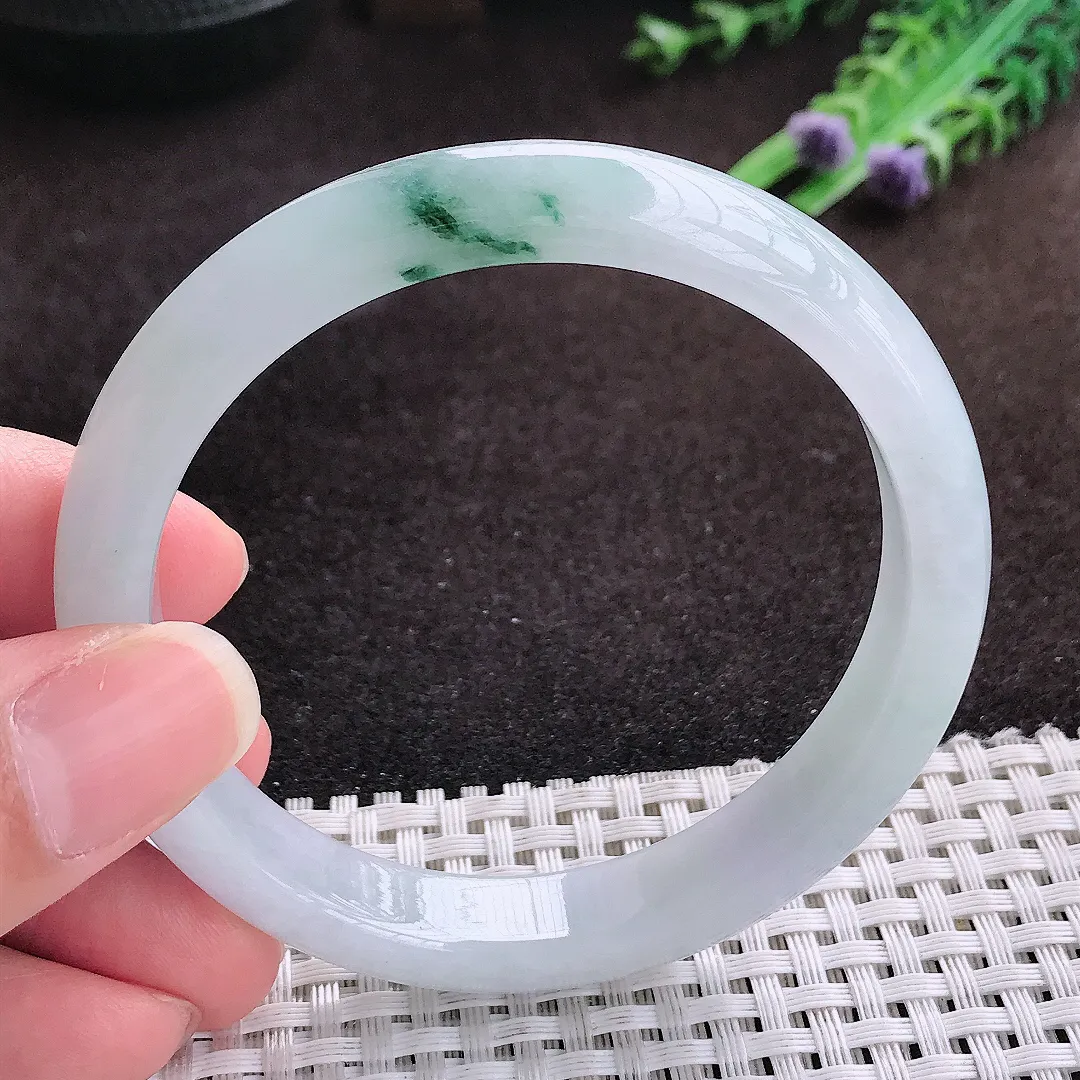 自然光58.8/11.2/7.3老坑冰透起胶飘花手镯宽边翡翠玉镯手环