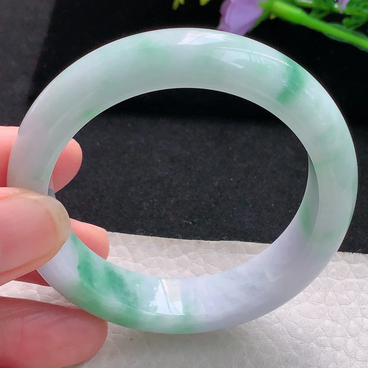 xh小圈口51*13.3*8.3平安镯 天然缅甸翡翠秀气春带彩正圈珠宝玉手镯