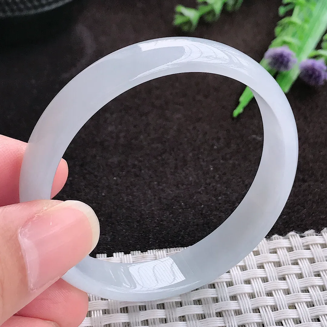 自然光51/11.3/4.8老坑秀气冰润白月光小圈口手镯宽边翡翠玉镯手环