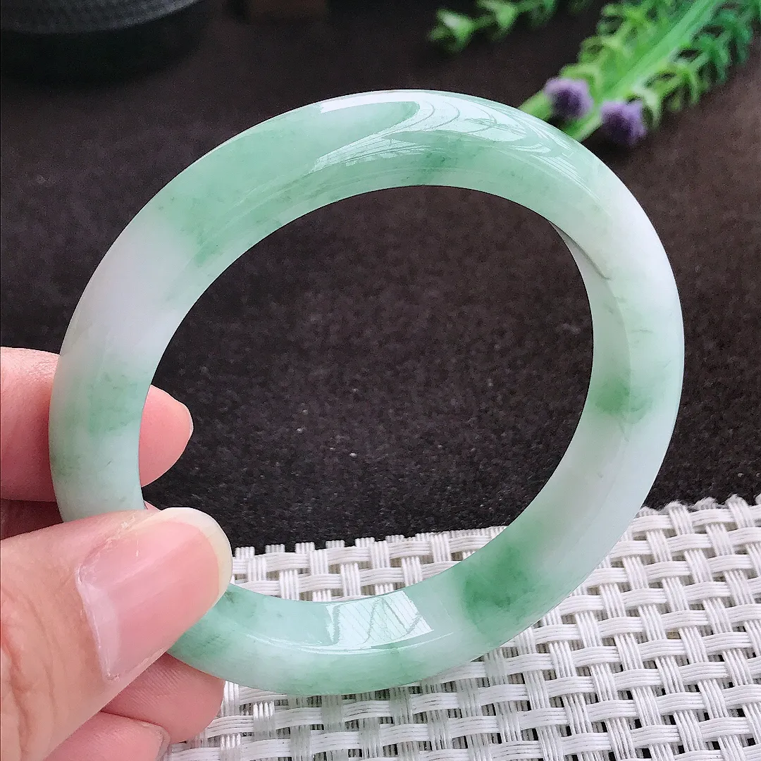 自然光56.5/11.2/8.6老坑精美冰润飘花手镯宽边翡翠玉镯手环