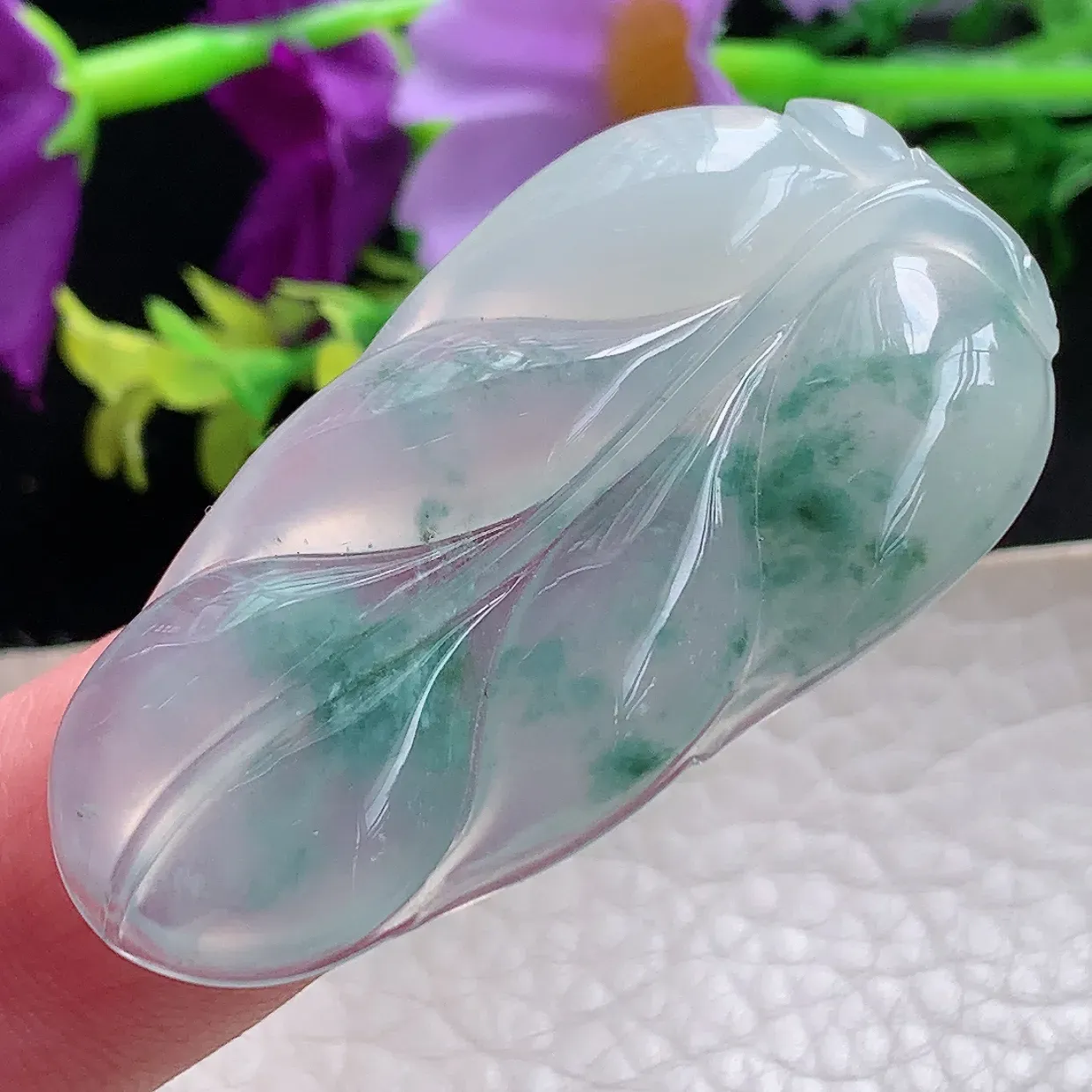 lz自然光48.8*27*4.4天然缅甸翡翠冰飘花叶子 金枝玉叶玉吊坠