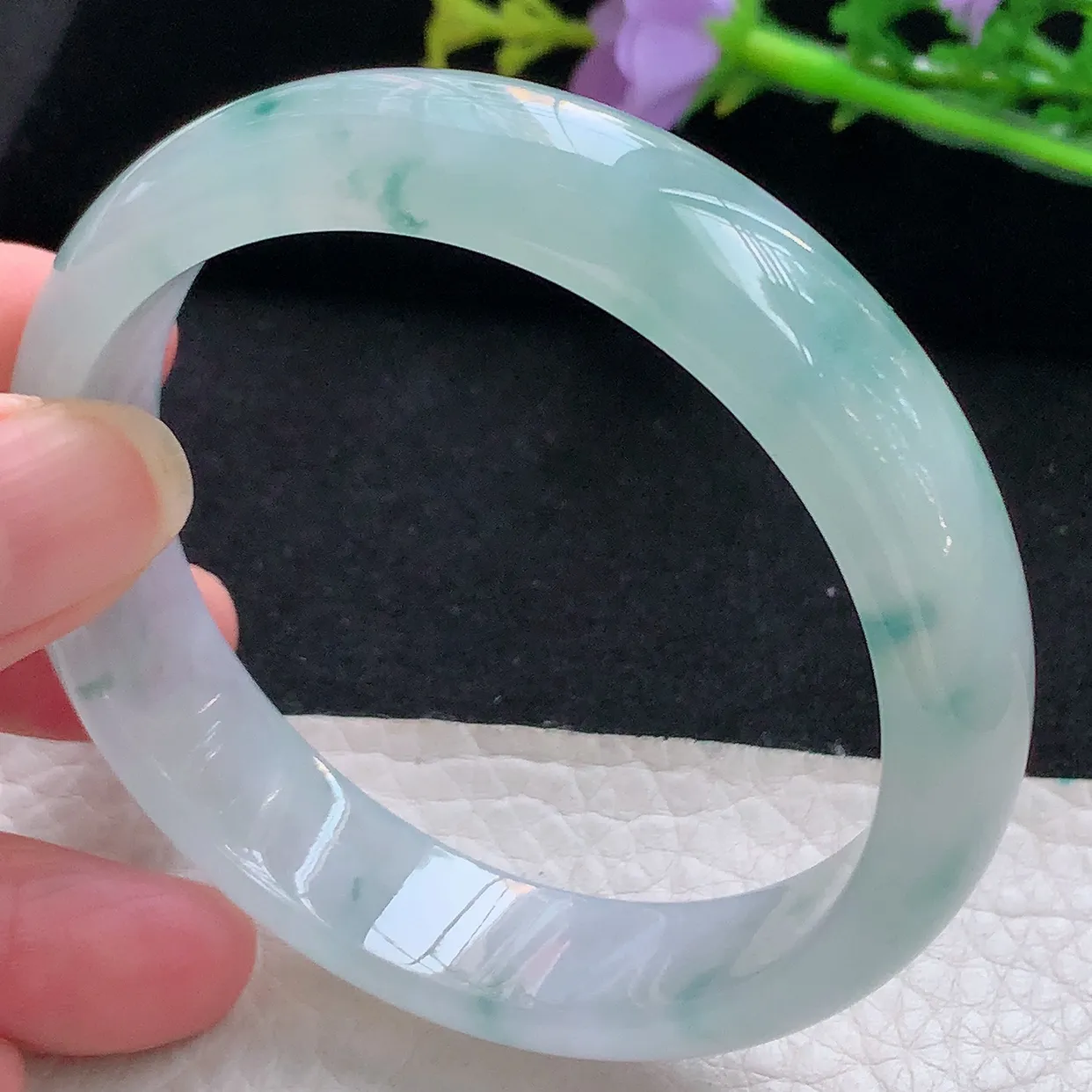 jm自然光56*13.5*6.6平安镯 天然缅甸翡翠冰飘花正圈珠宝玉手镯 美人镯