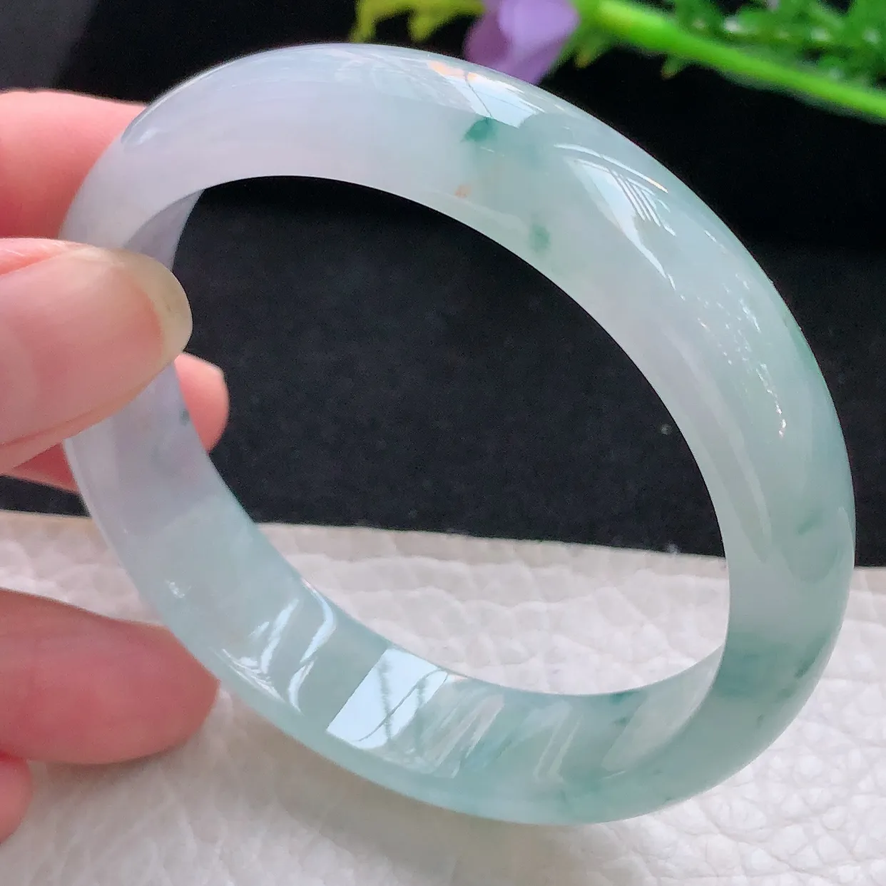 jm自然光56*13.5*6.6平安镯 天然缅甸翡翠冰飘花正圈珠宝玉手镯 美人镯