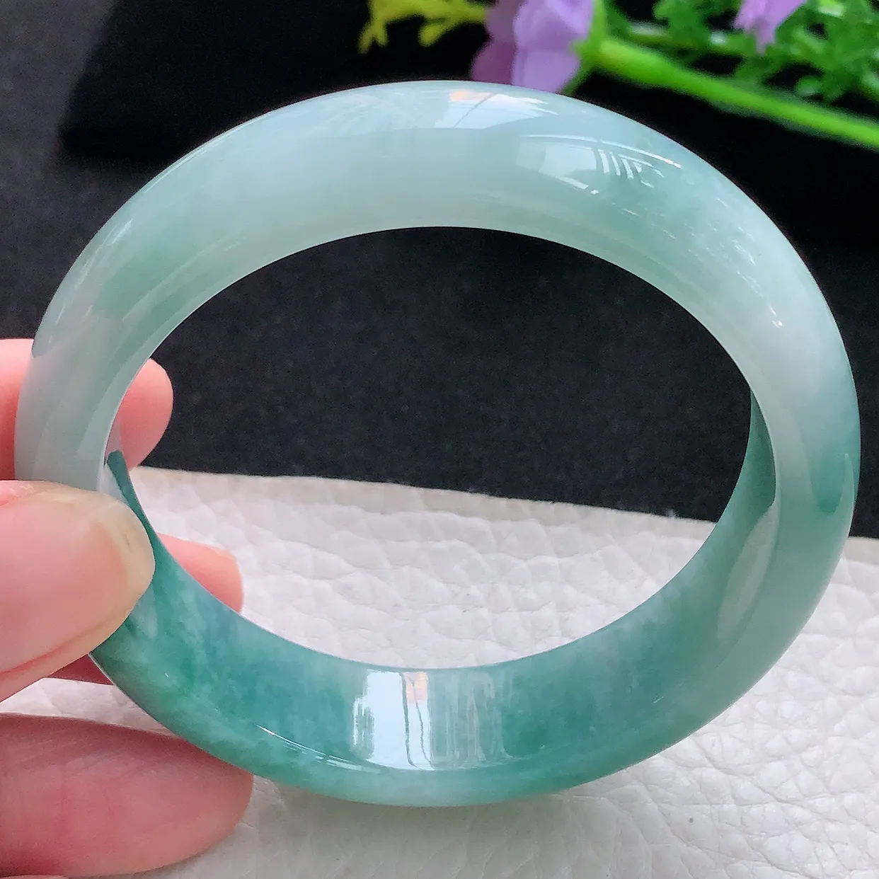 jm自然光56*15.3*8轮胎镯 天然缅甸翡翠蓝花厚装正圈珠宝玉手镯 美人镯