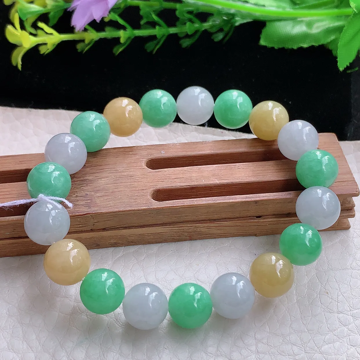 ss自然光9.7mm天然缅甸翡翠冰三彩9.7mm圆珠玉手链 玉手串