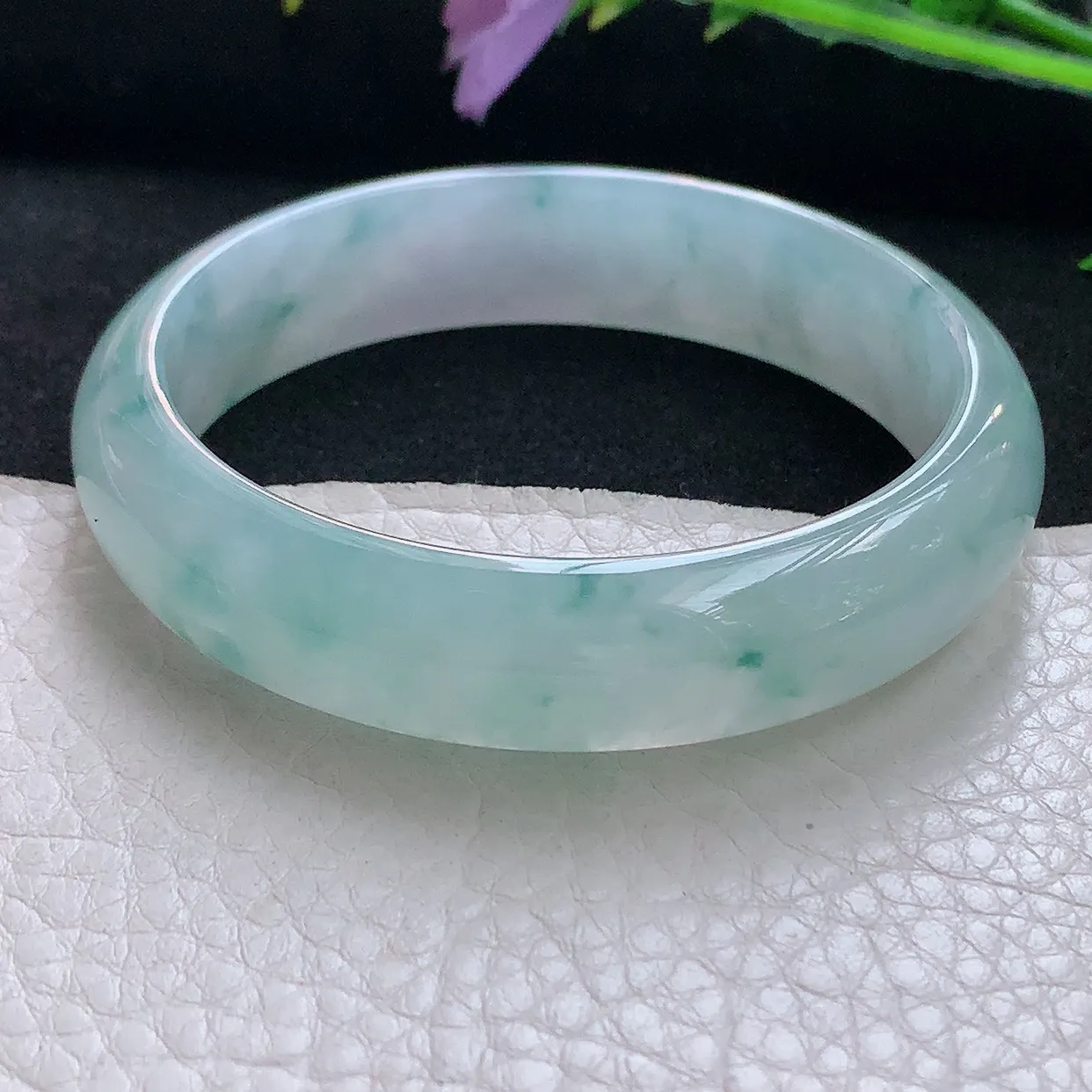 jm自然光56*13.5*6.6平安镯 天然缅甸翡翠冰飘花正圈珠宝玉手镯 美人镯