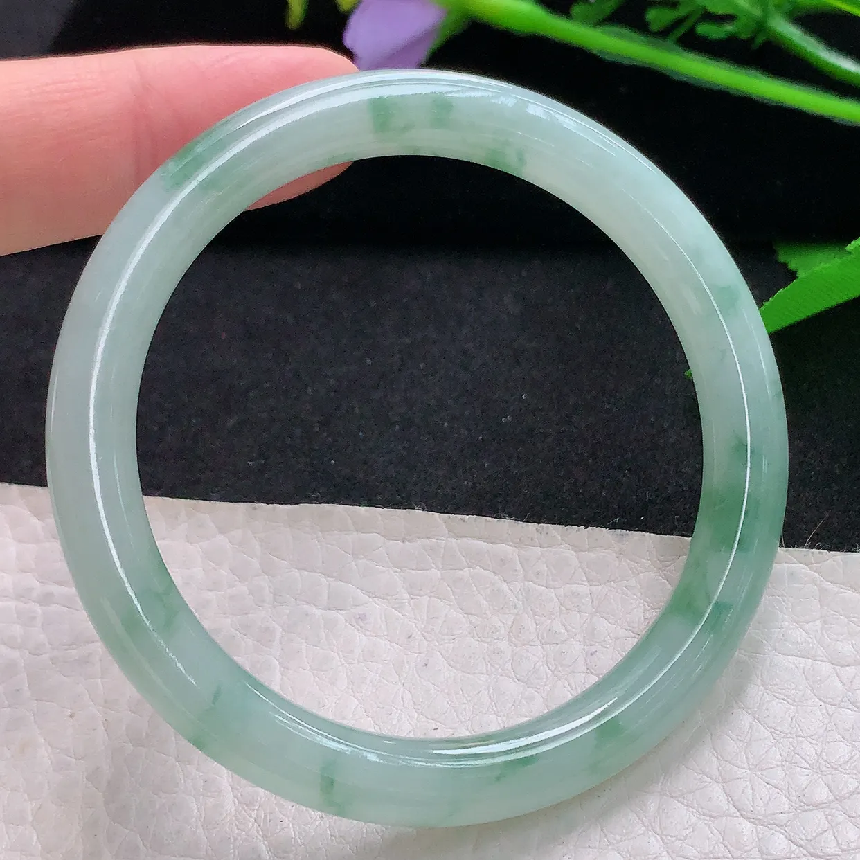 xh小圈口53.5*7.2*7.5叮当镯 天然缅甸翡翠秀气冰飘花圆条珠宝玉手镯