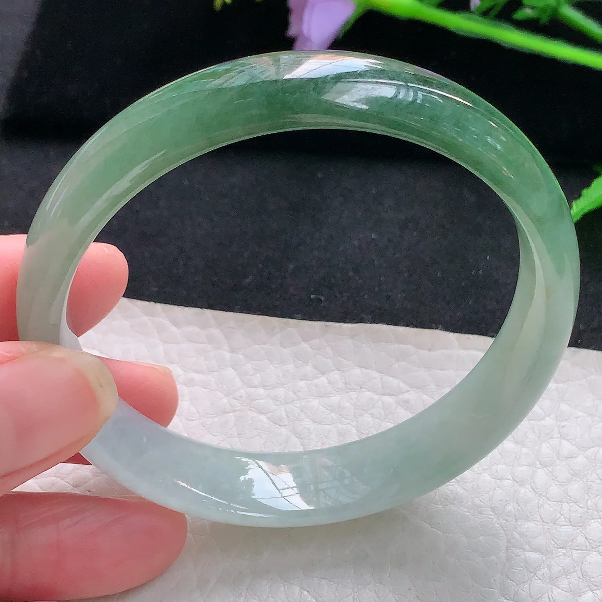 js自然光58.5*13*6.5平安镯 天然缅甸翡翠半山水正圈珠宝玉手镯