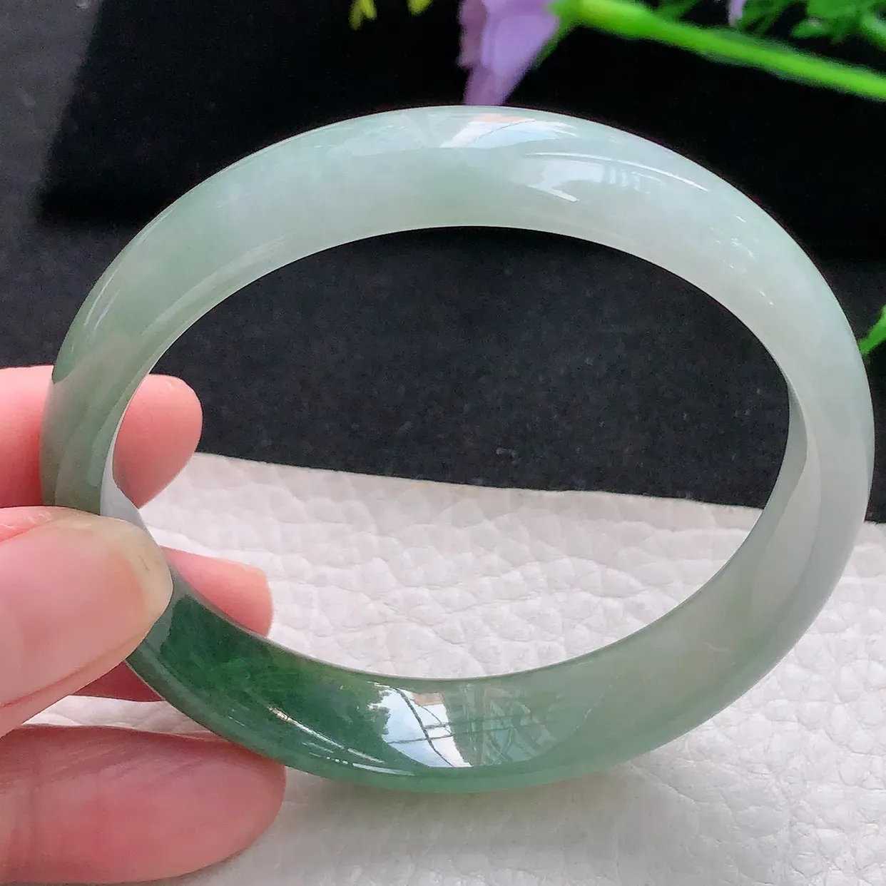js自然光58.5*13*6.5平安镯 天然缅甸翡翠半山水正圈珠宝玉手镯
