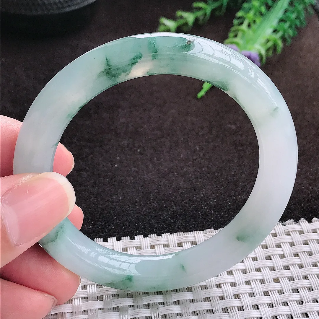 自然光53/9.6老坑冰胶果冻冰飘花圆条手镯翡翠玉镯手环