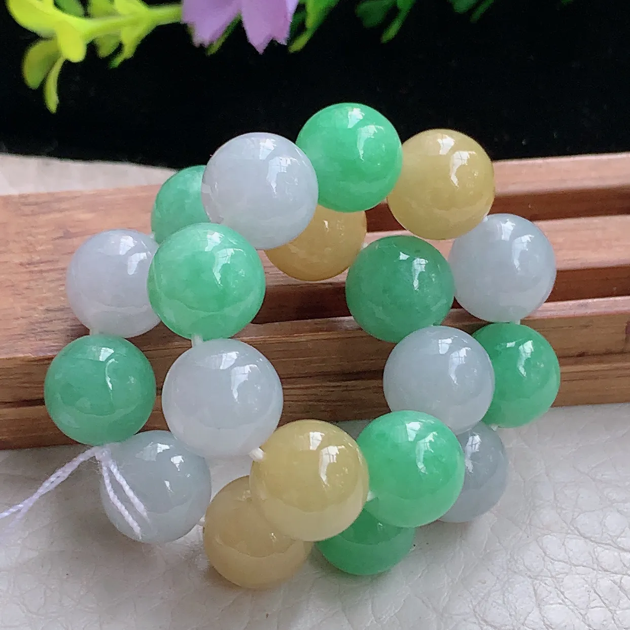 ss自然光9.7mm天然缅甸翡翠冰三彩9.7mm圆珠玉手链 玉手串