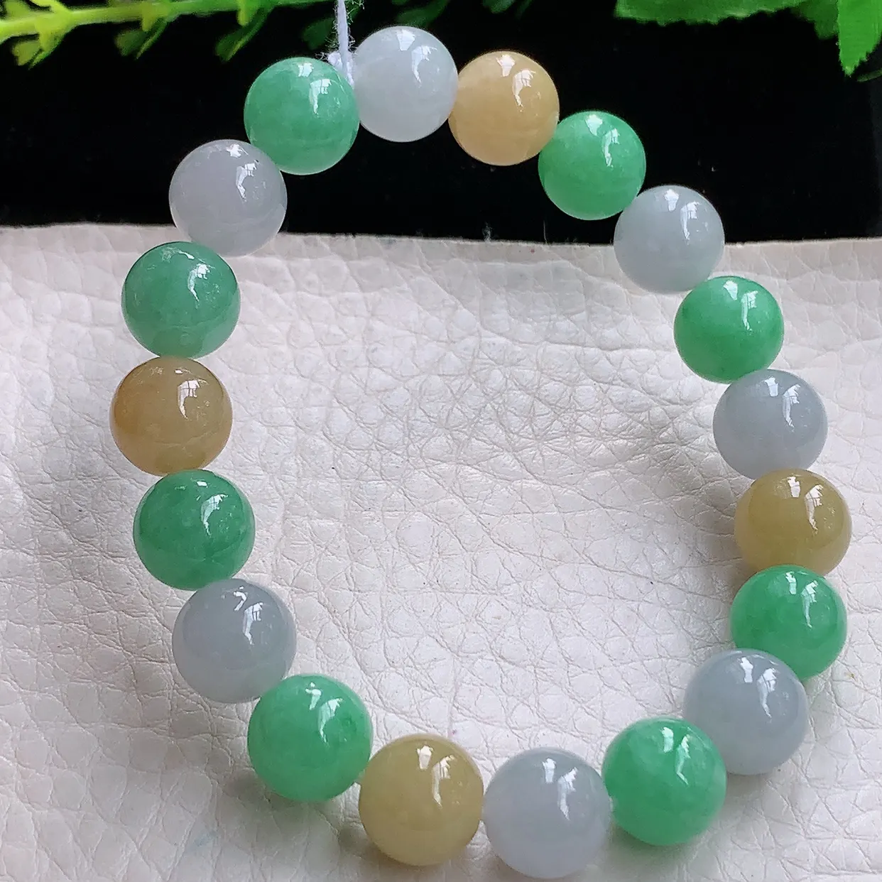 ss自然光9.7mm天然缅甸翡翠冰三彩9.7mm圆珠玉手链 玉手串