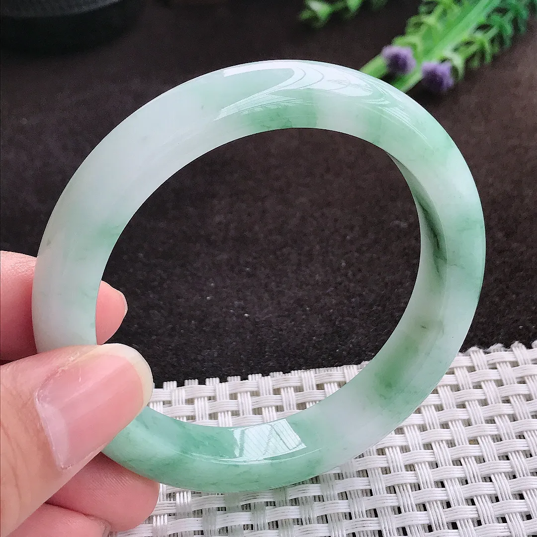 自然光56.5/11.2/8.6老坑精美冰润飘花手镯宽边翡翠玉镯手环