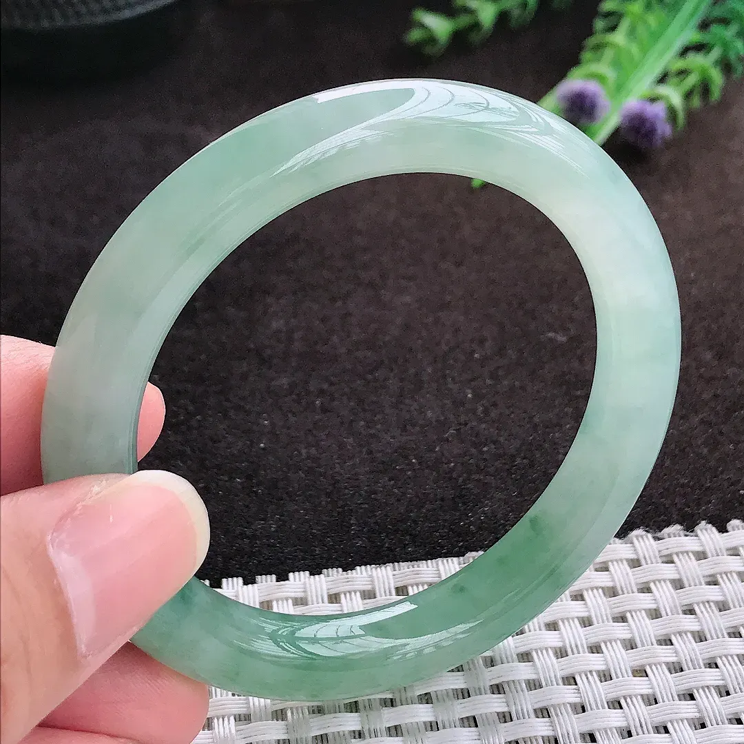 自然光52.5/9.2老坑冰胶果冻飘花圆条手镯翡翠玉镯手环