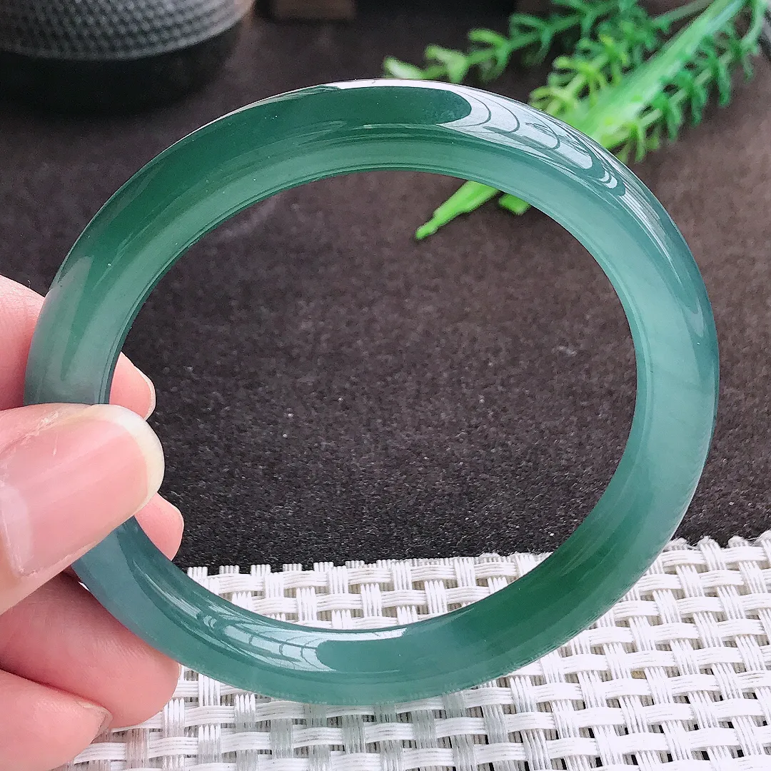 自然光57/9老坑冰透果冻胶满色蓝韵圆条手镯翡翠玉镯手环