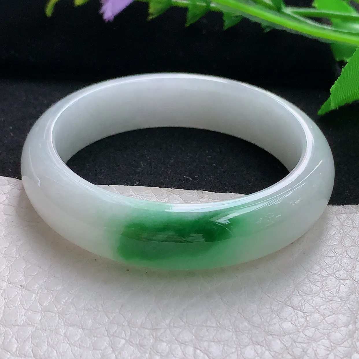 yh小圈口51.5*13.5*7.5平安镯 天然缅甸翡翠秀气飘绿宽边珠宝玉手镯 玉手环