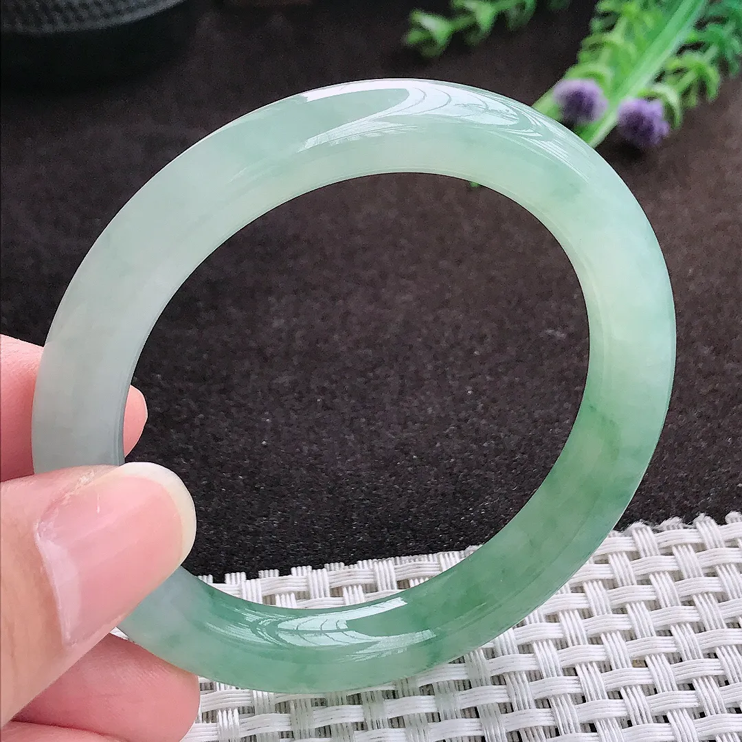 自然光52.5/9.2老坑冰胶果冻飘花圆条手镯翡翠玉镯手环