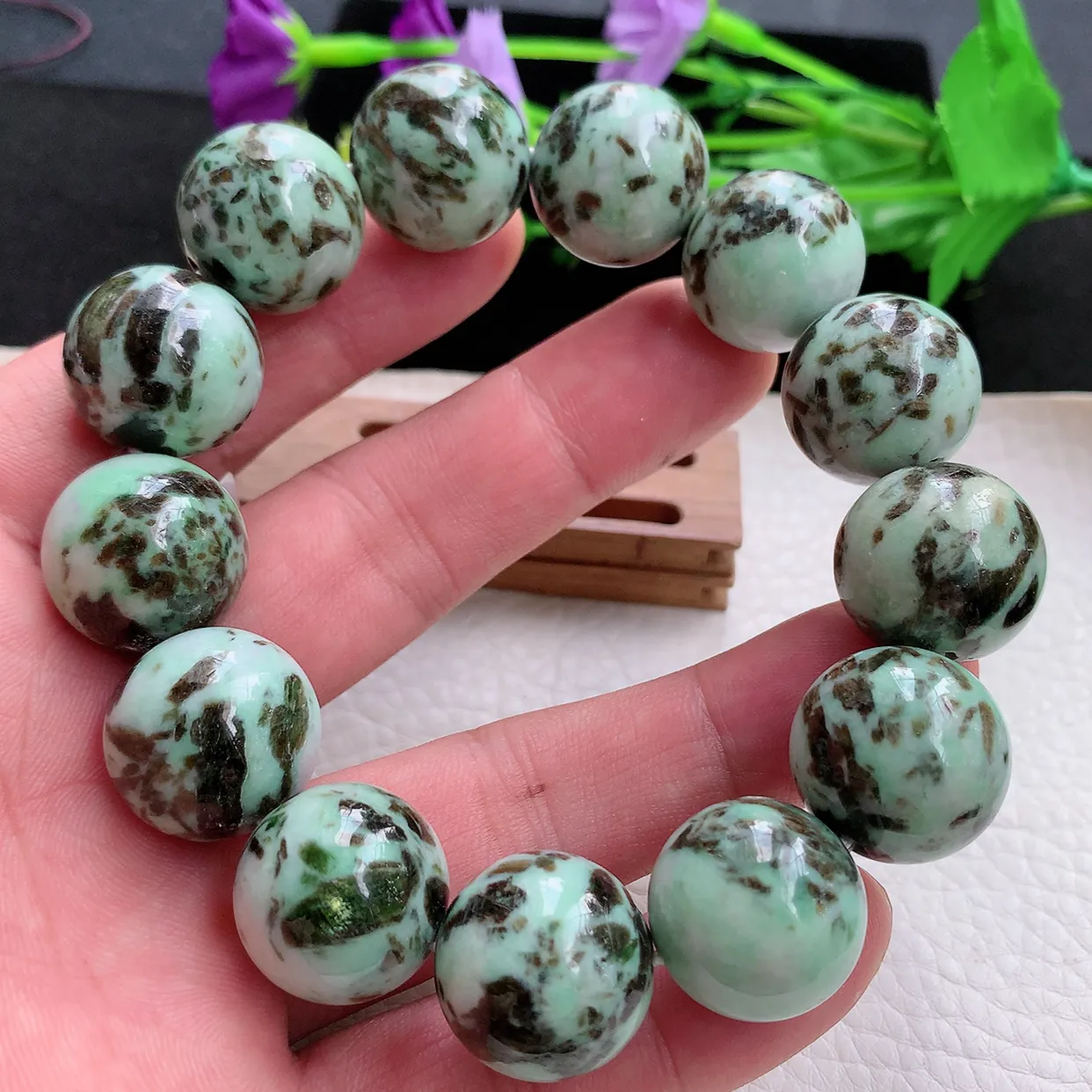 ss自然光18.5mm天然缅甸翡翠飘花大颗粒18.5mm圆珠玉手链 玉手串