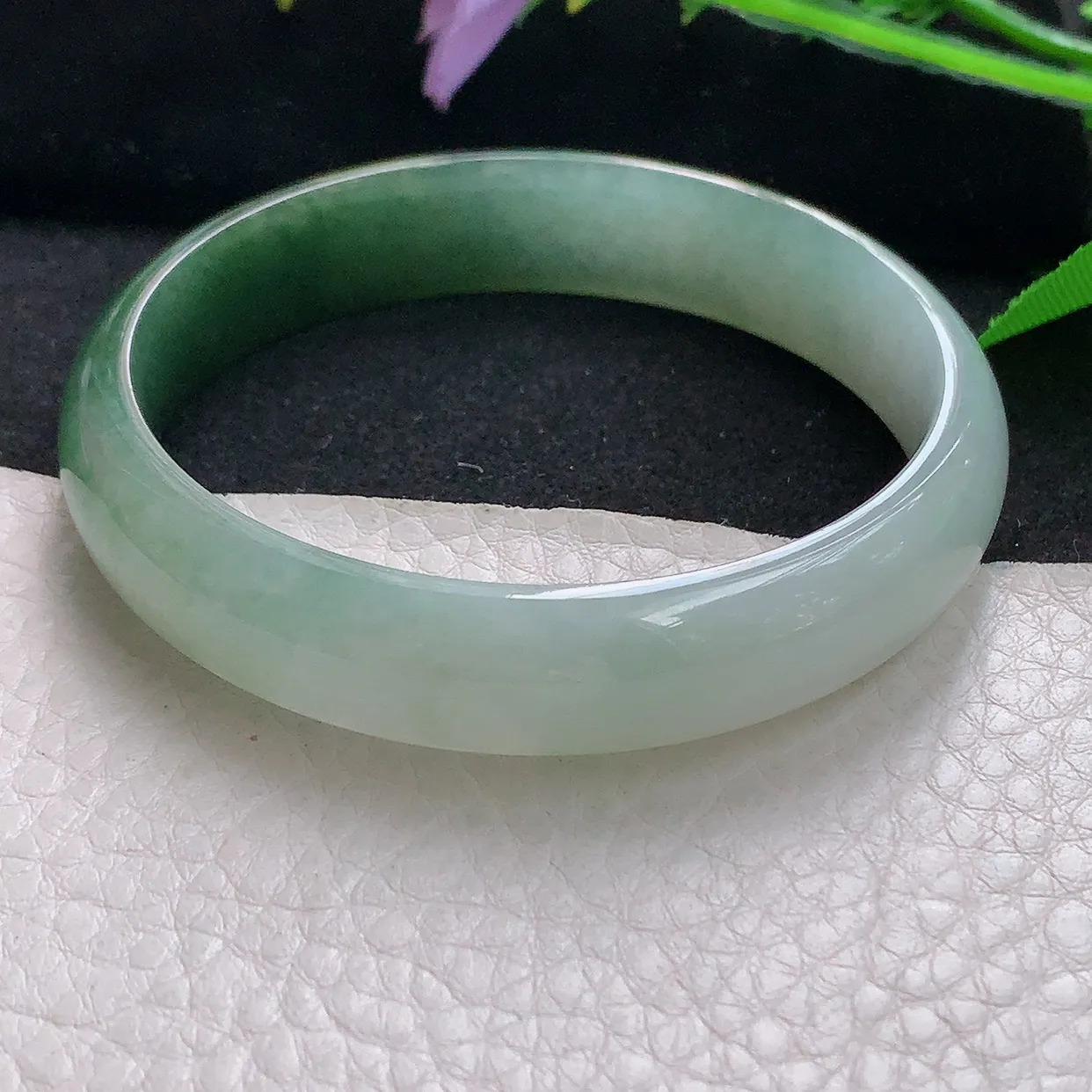 js自然光58.5*13*6.5平安镯 天然缅甸翡翠半山水正圈珠宝玉手镯