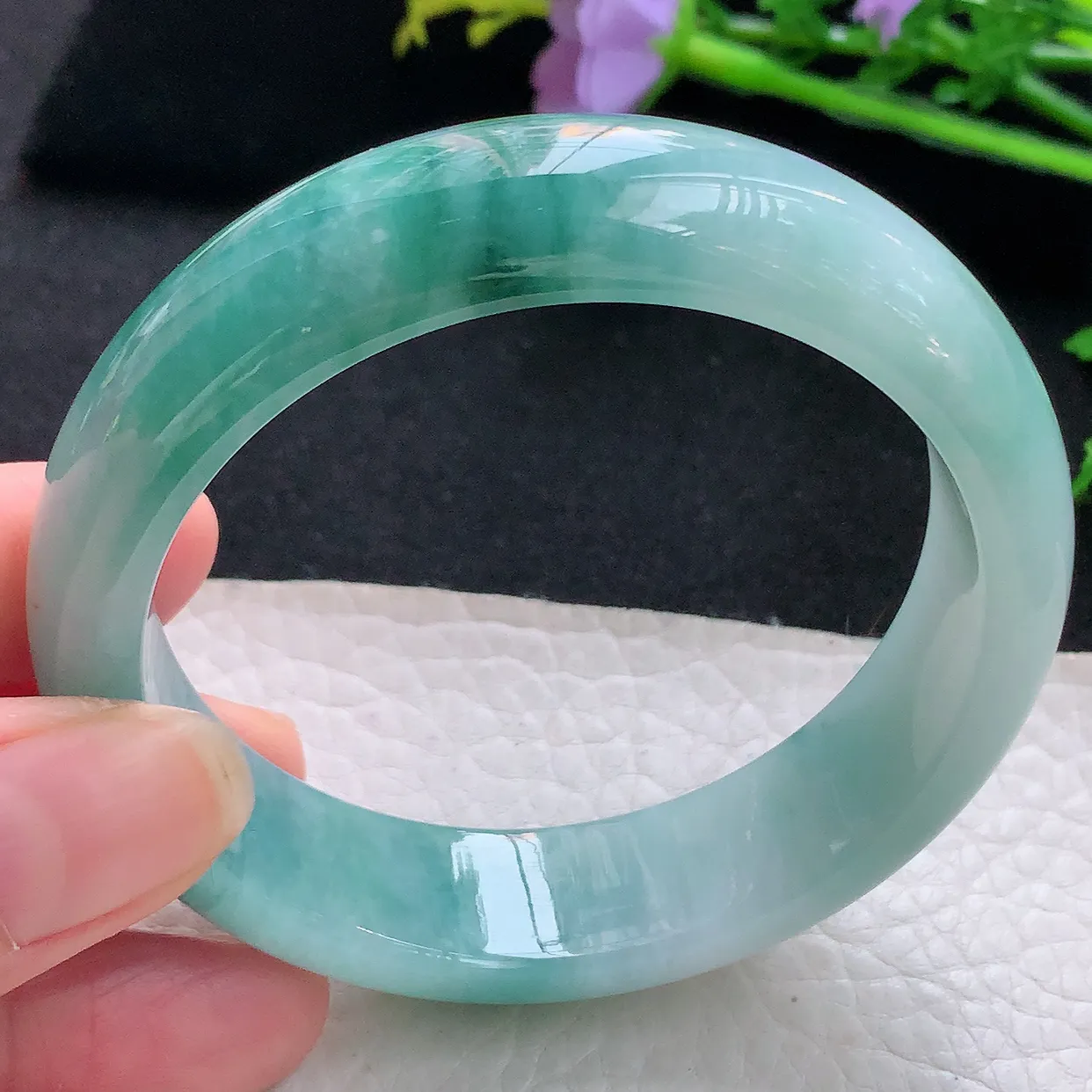 jm自然光56*15.3*8轮胎镯 天然缅甸翡翠蓝花厚装正圈珠宝玉手镯 美人镯