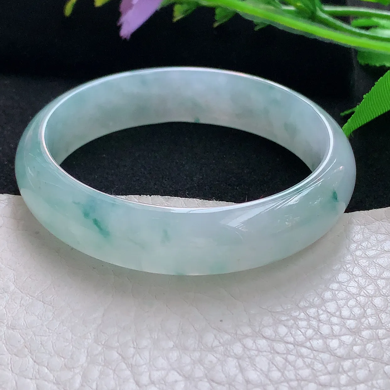 jm自然光56*13.5*6.6平安镯 天然缅甸翡翠冰飘花正圈珠宝玉手镯 美人镯