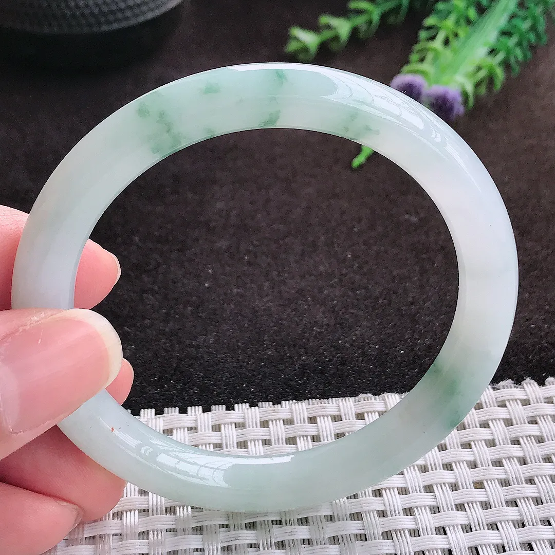 自然光55/9/8.5老坑冰润起胶飘花圆条手镯宽边翡翠玉镯手环