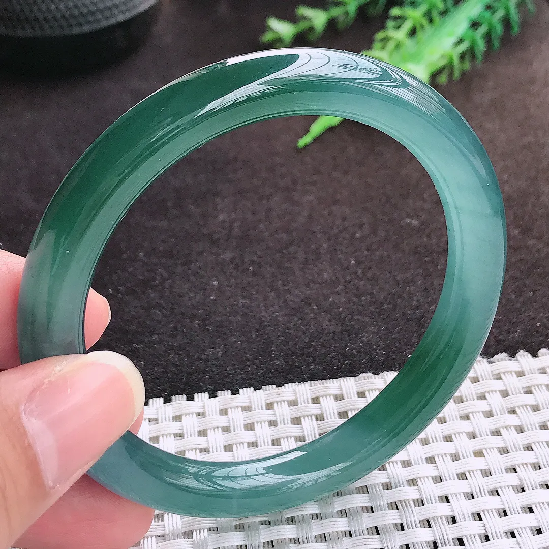 自然光57/9老坑冰透果冻胶满色蓝韵圆条手镯翡翠玉镯手环