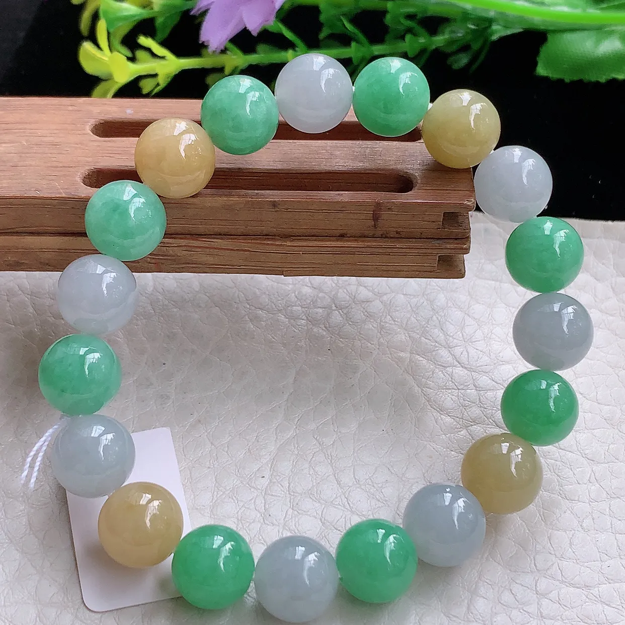 ss自然光9.7mm天然缅甸翡翠冰三彩9.7mm圆珠玉手链 玉手串