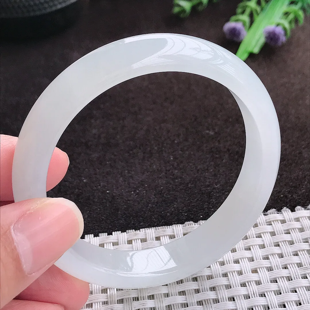 自然光54.8/12.4/7.1老坑冰透果冻胶月光白手镯宽边翡翠玉镯手环