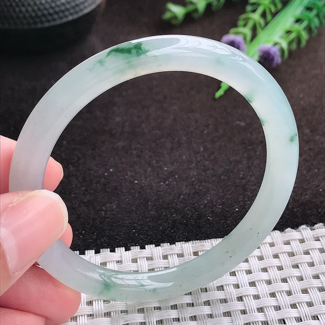 自然光53/6.8/7.5老坑冰透果冻胶冰飘花圆条手镯翡翠玉镯手环