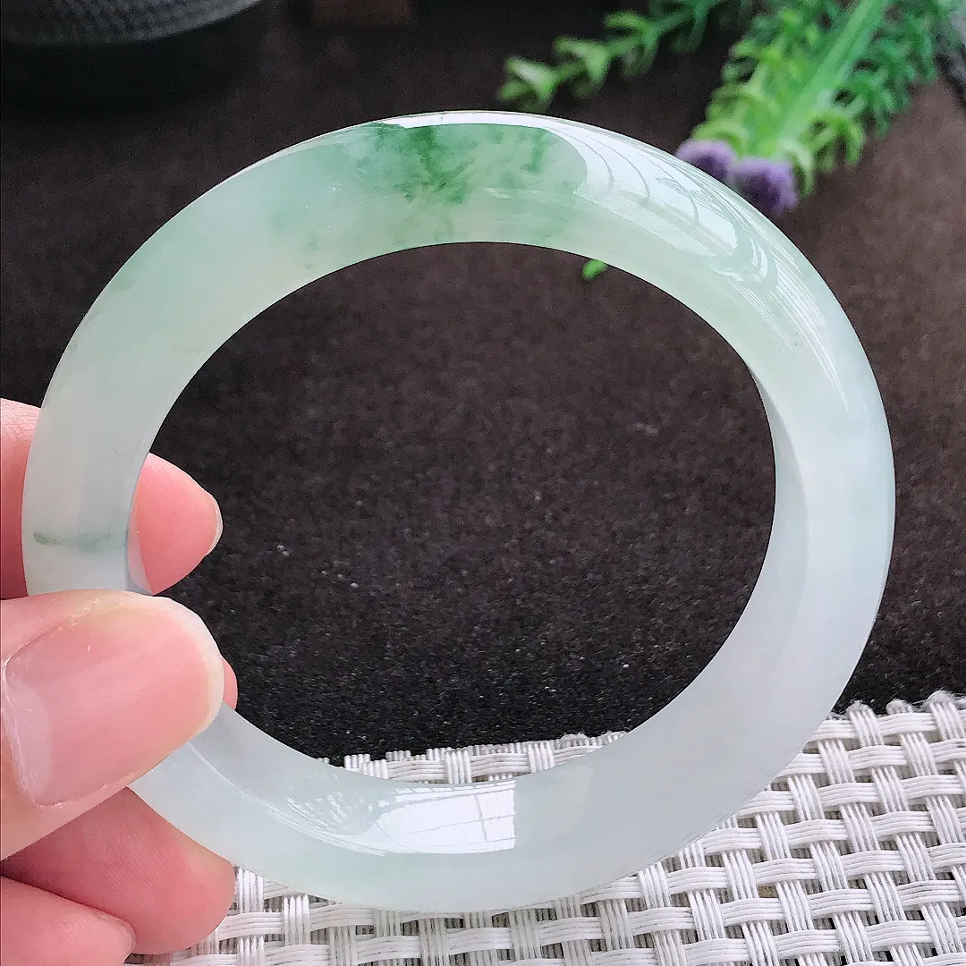 自然光55.5/12.5/9老坑冰胶果冻冰飘绿花手镯宽边翡翠玉镯手环