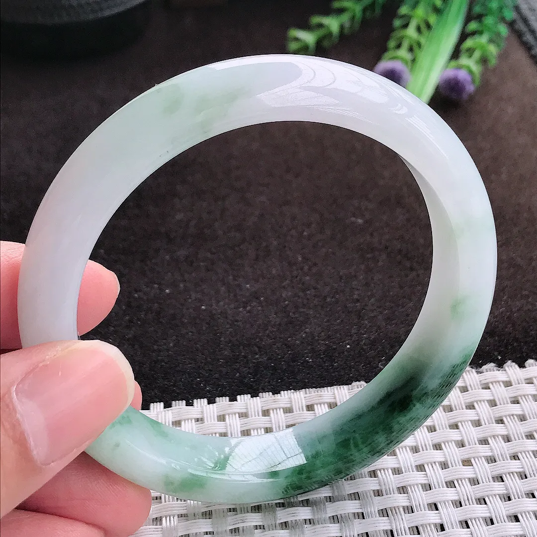 自然光58.5/12.9/8.3老坑精美温润飘花手镯宽边翡翠玉镯手环