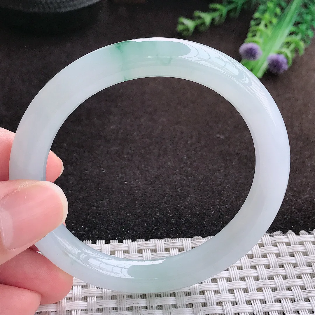 自然光54.5/9老坑冰胶果冻冰飘花圆条手镯翡翠玉镯手环