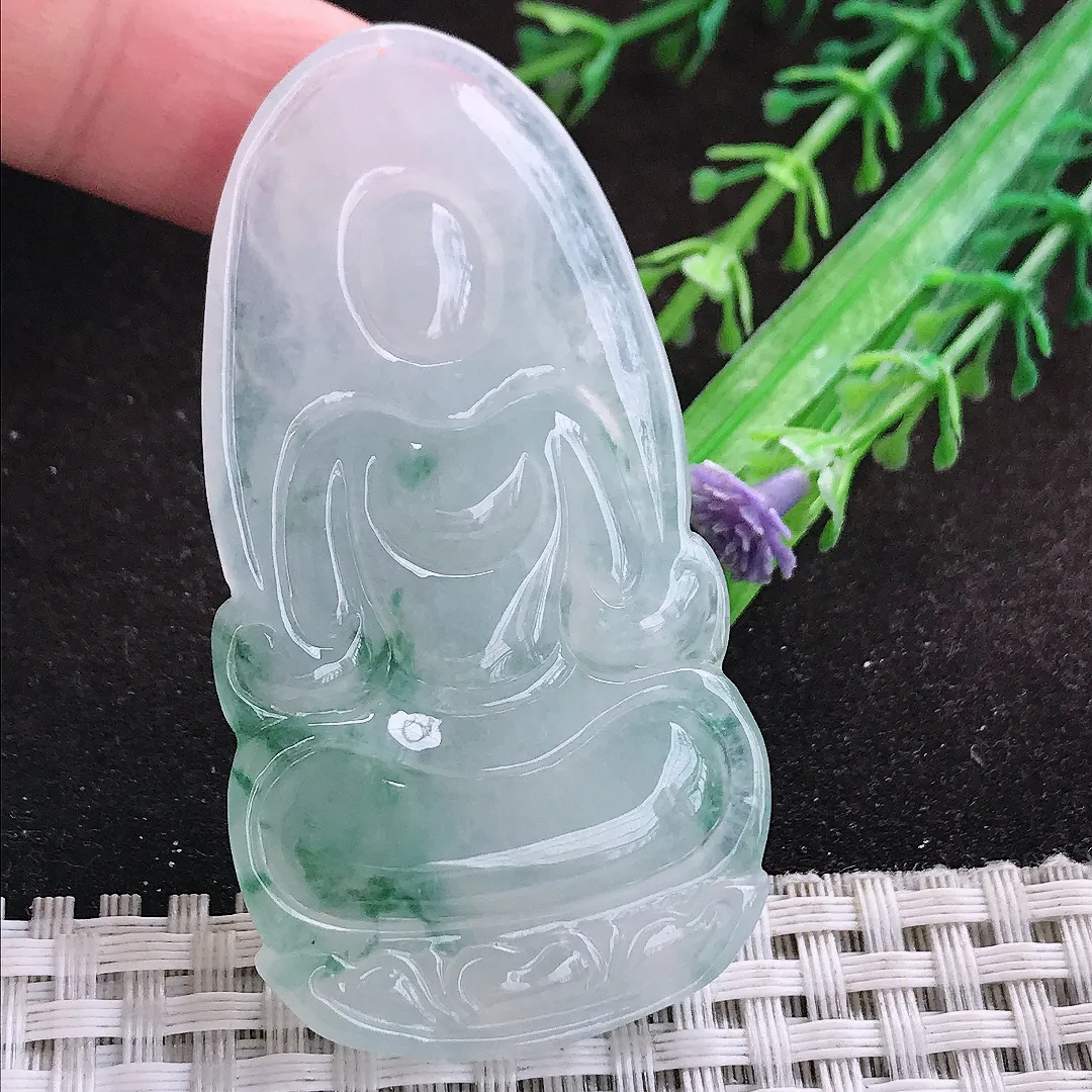 自然光61.8/32.5/7.5老坑冰胶果冻飘花观音菩萨吊坠翡翠玉坠挂件