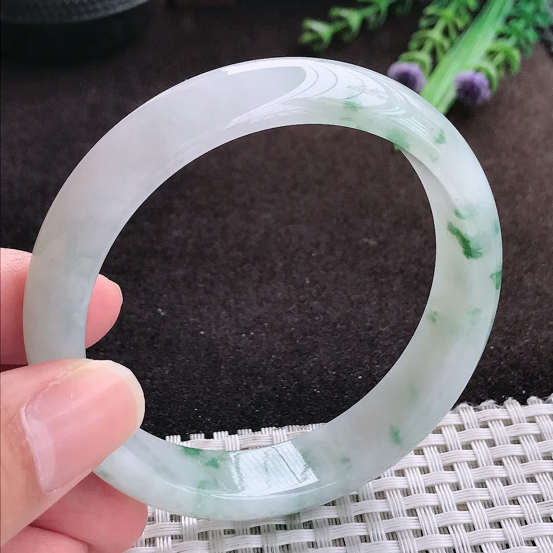 自然光58/13.8/7.4老坑冰胶水灵飘花手镯宽边翡翠玉镯手环