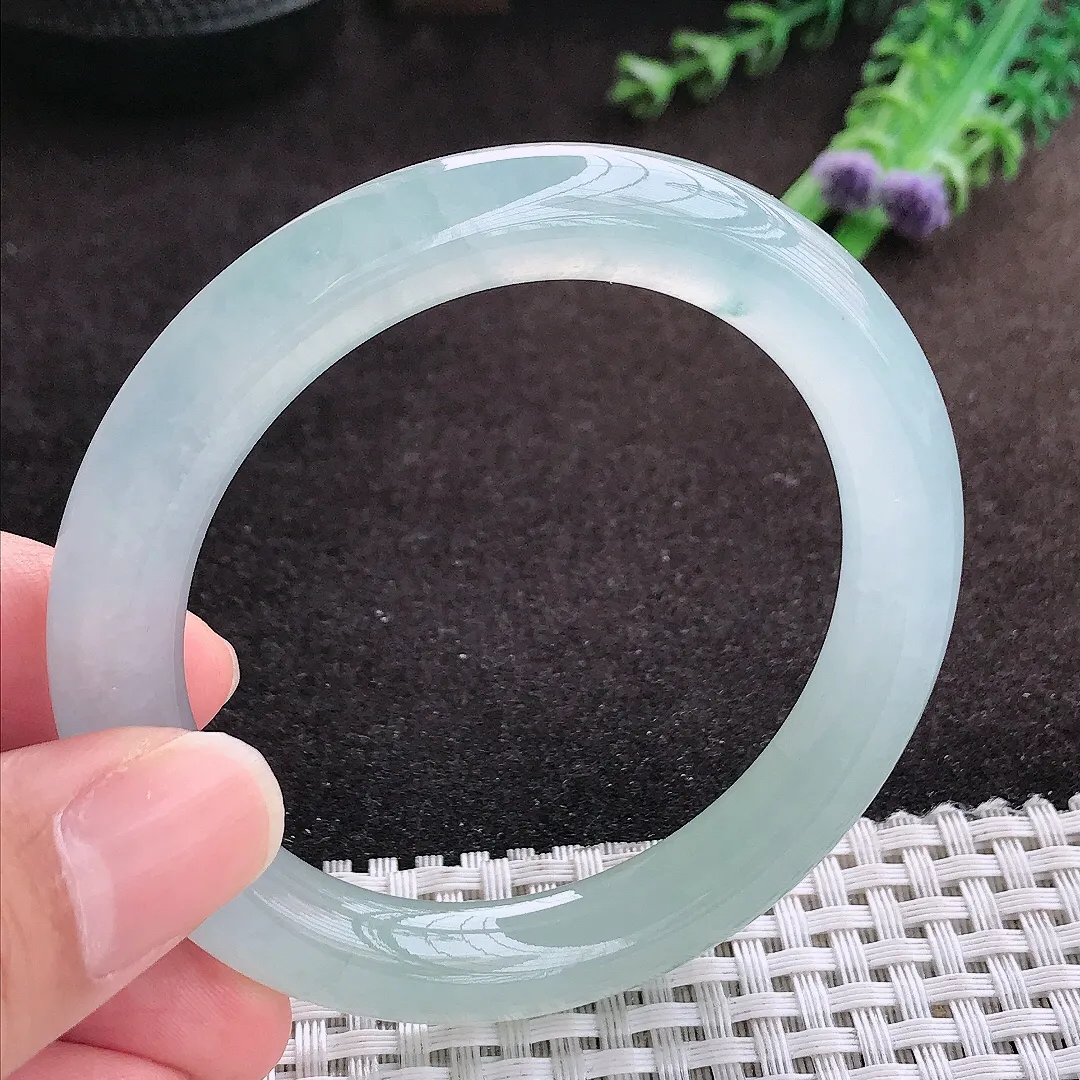 自然光53/9.3/9.5老坑冰种果冻胶冰晴圆条手镯宽边翡翠玉镯手环