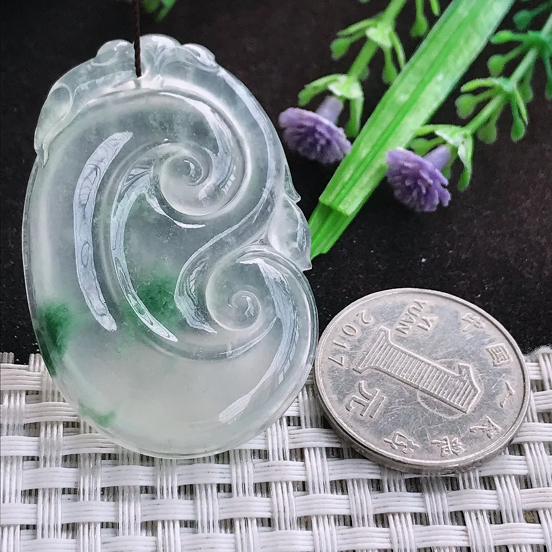 自然光48.3/31.8/4.8老坑高冰种果冻冰飘花如意吊坠翡翠玉坠挂件