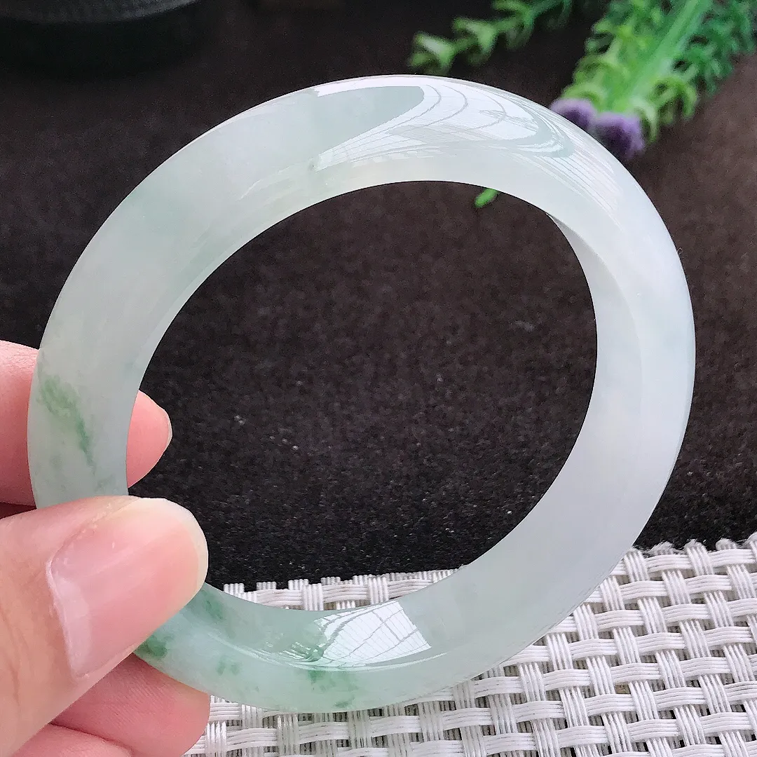 自然光55.5/12.5/9老坑冰胶果冻冰飘绿花手镯宽边翡翠玉镯手环