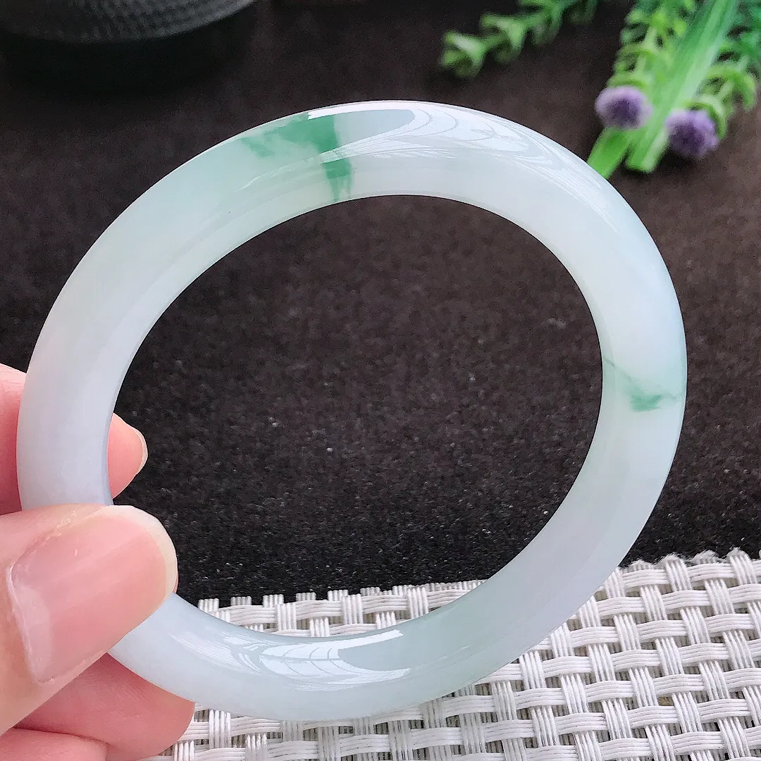 自然光54.5/9老坑冰胶果冻冰飘花圆条手镯翡翠玉镯手环