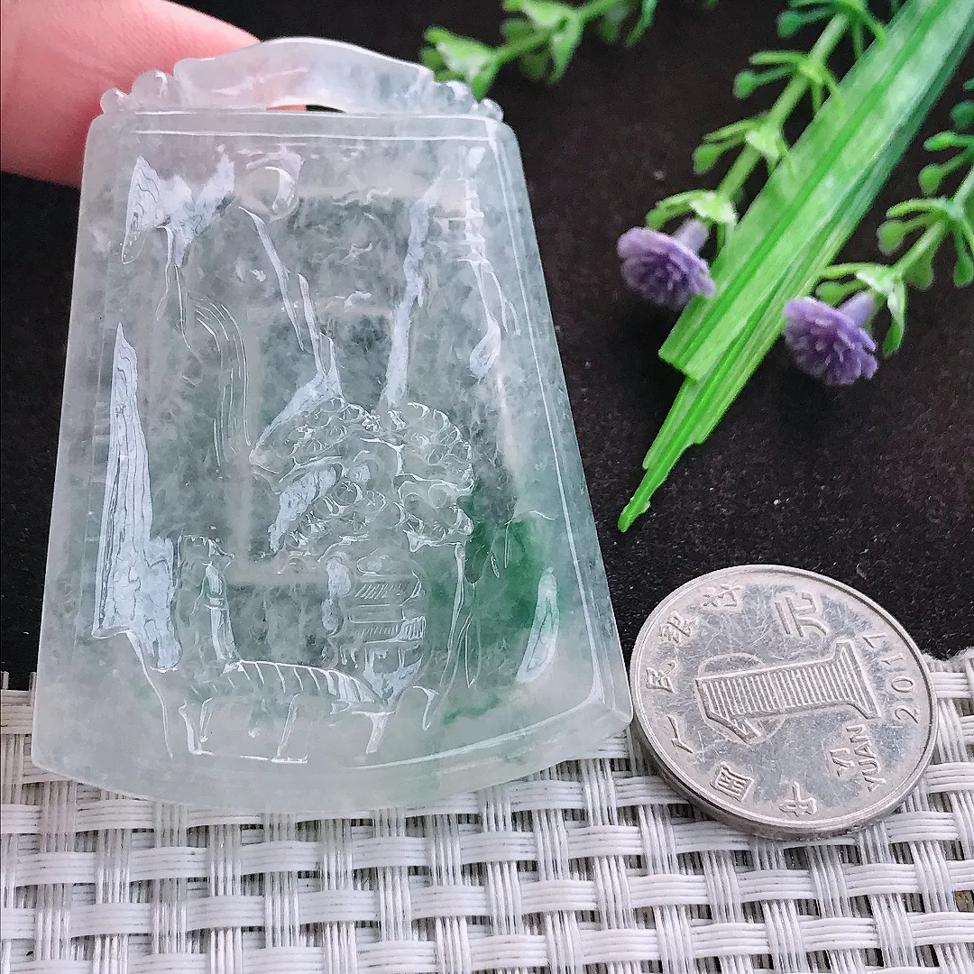 自然光61/45.7/6.5老坑冰种果冻胶飘花山水牌吊坠翡翠玉坠挂件