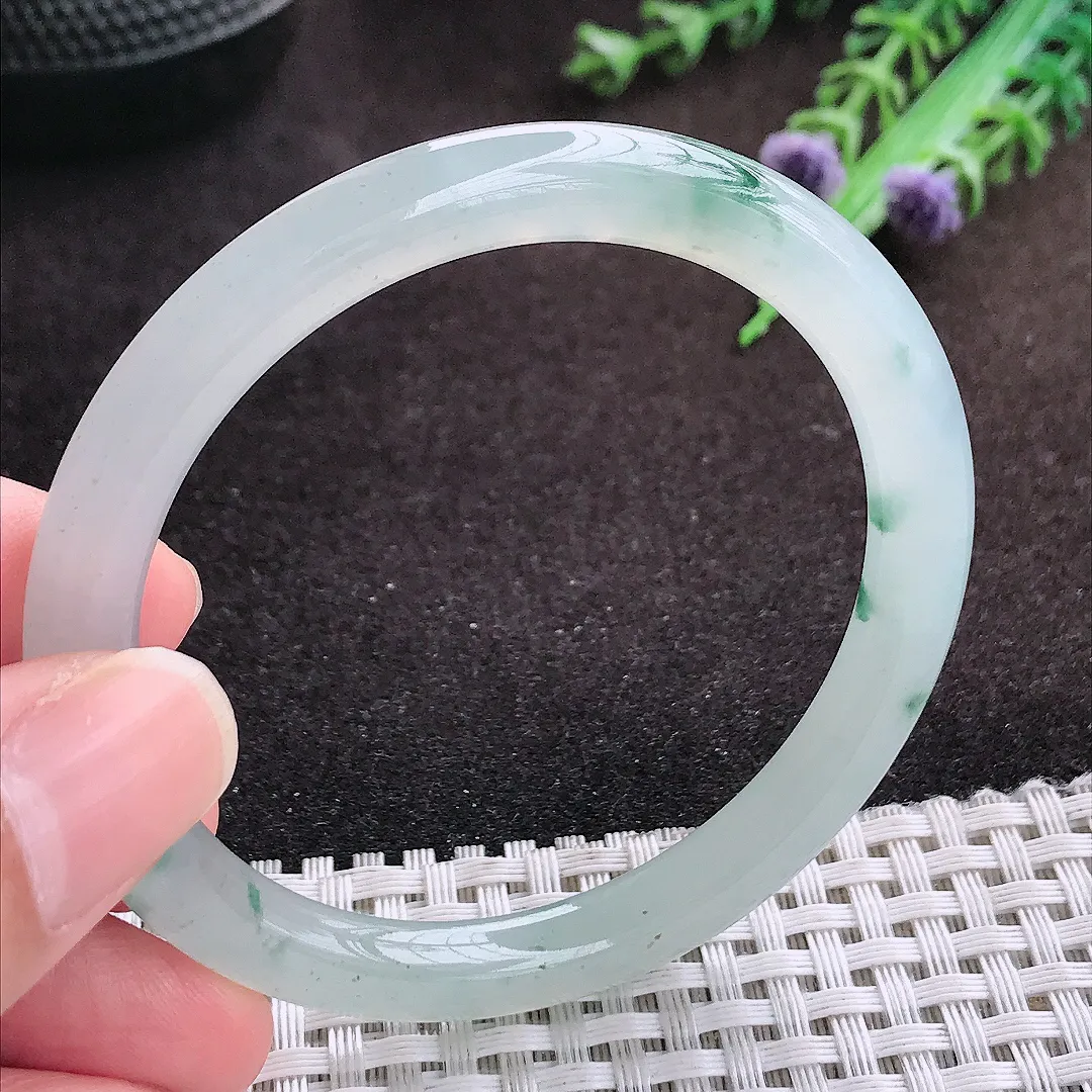 自然光53/6.8/7.5老坑冰透果冻胶冰飘花圆条手镯翡翠玉镯手环