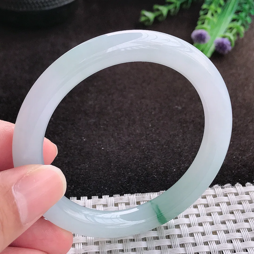 自然光54.5/9老坑冰胶果冻冰飘花圆条手镯翡翠玉镯手环