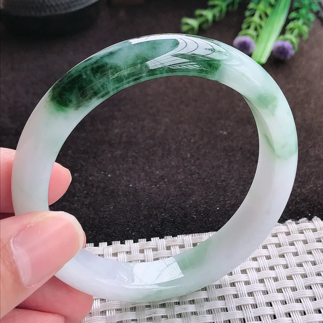 自然光58.5/12.9/8.3老坑精美温润飘花手镯宽边翡翠玉镯手环