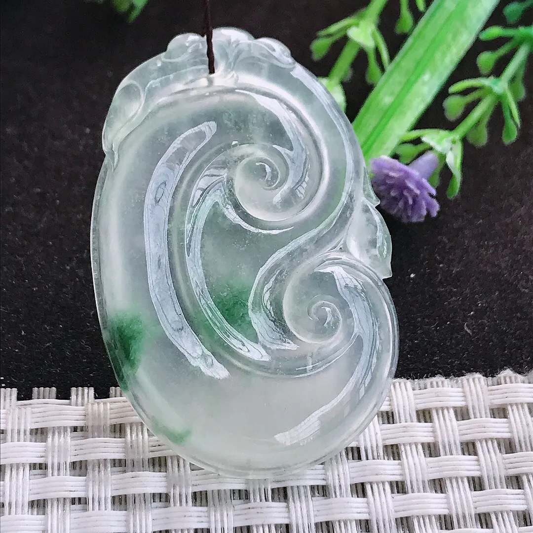 自然光48.3/31.8/4.8老坑高冰种果冻冰飘花如意吊坠翡翠玉坠挂件