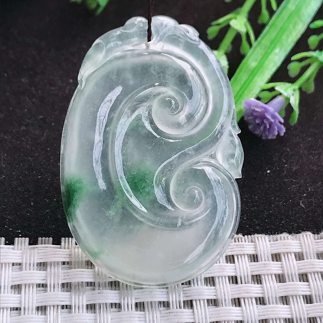 自然光48.3/31.8/4.8老坑高冰种果冻冰飘花如意吊坠翡翠玉坠挂件